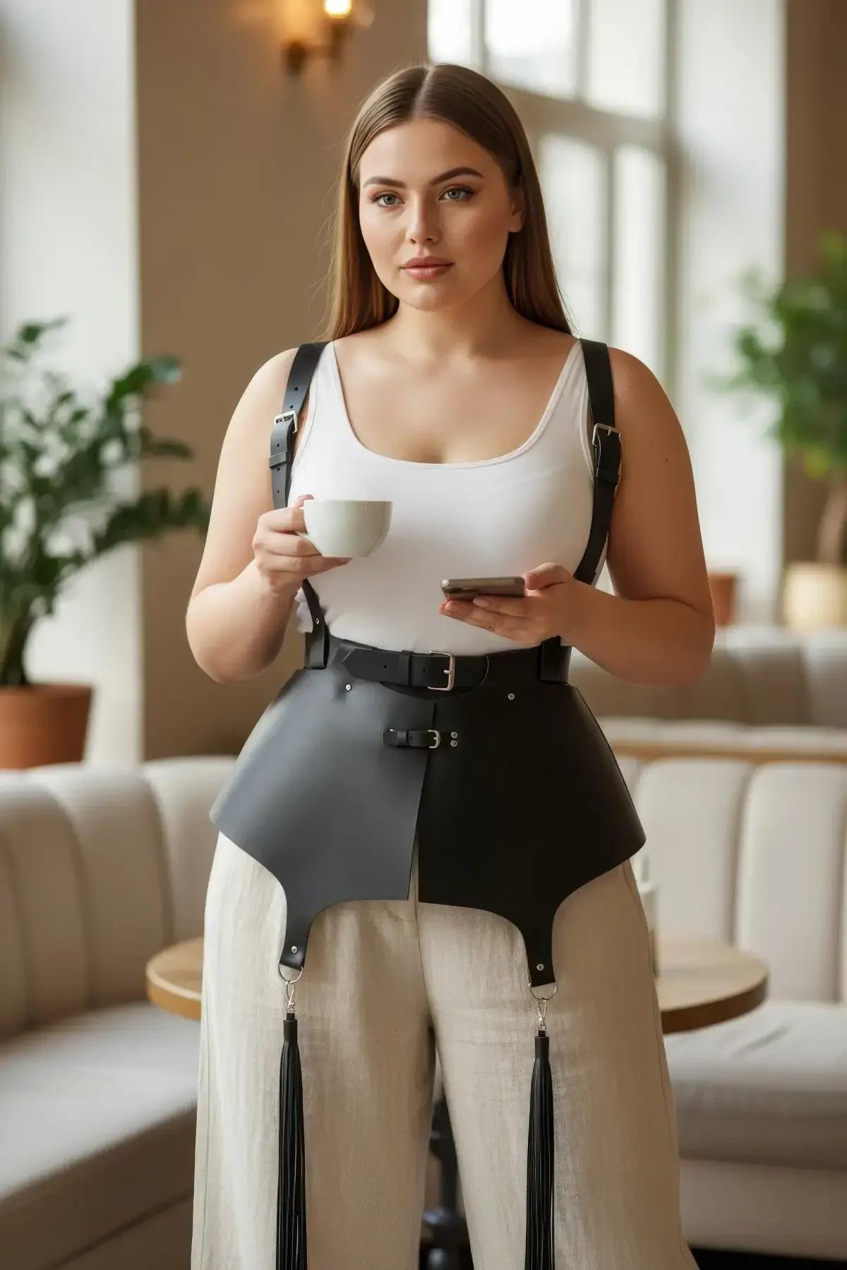 black faux leather peplum waist harness with silver buckles and detachable tassel leg straps worn over white tank