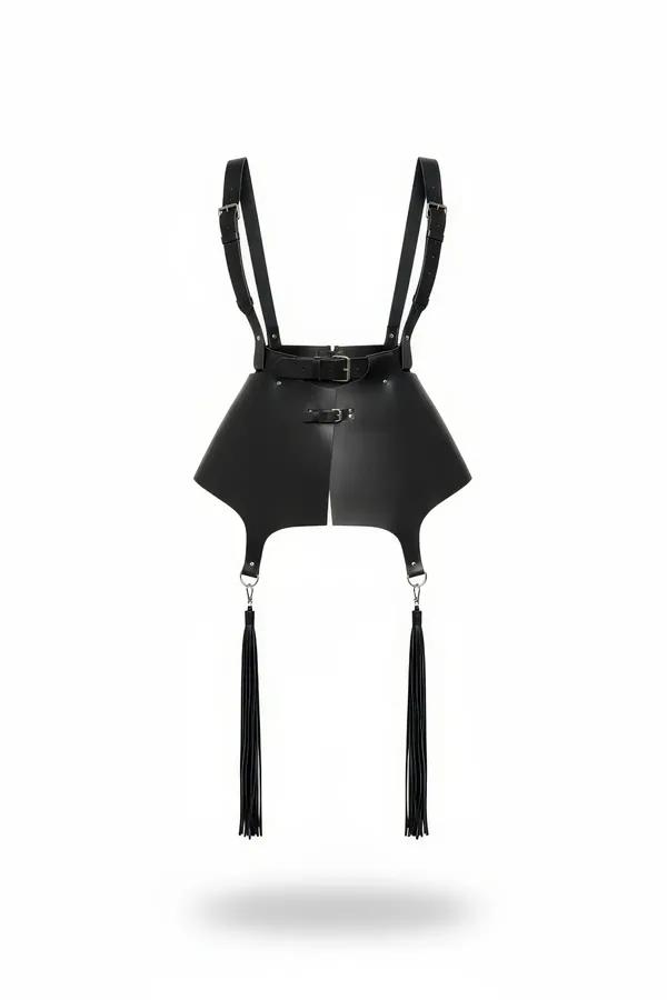 Siyah suni deri püsküllü mini etek harness, trapez panel ve gümüş toka detayı, omuz askılı tam görünüm