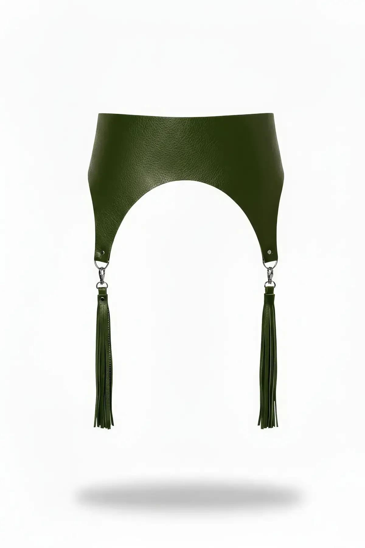 wide olive faux leather waist harness with arch cutout and two detachable fringe tassels on silver swivel clips