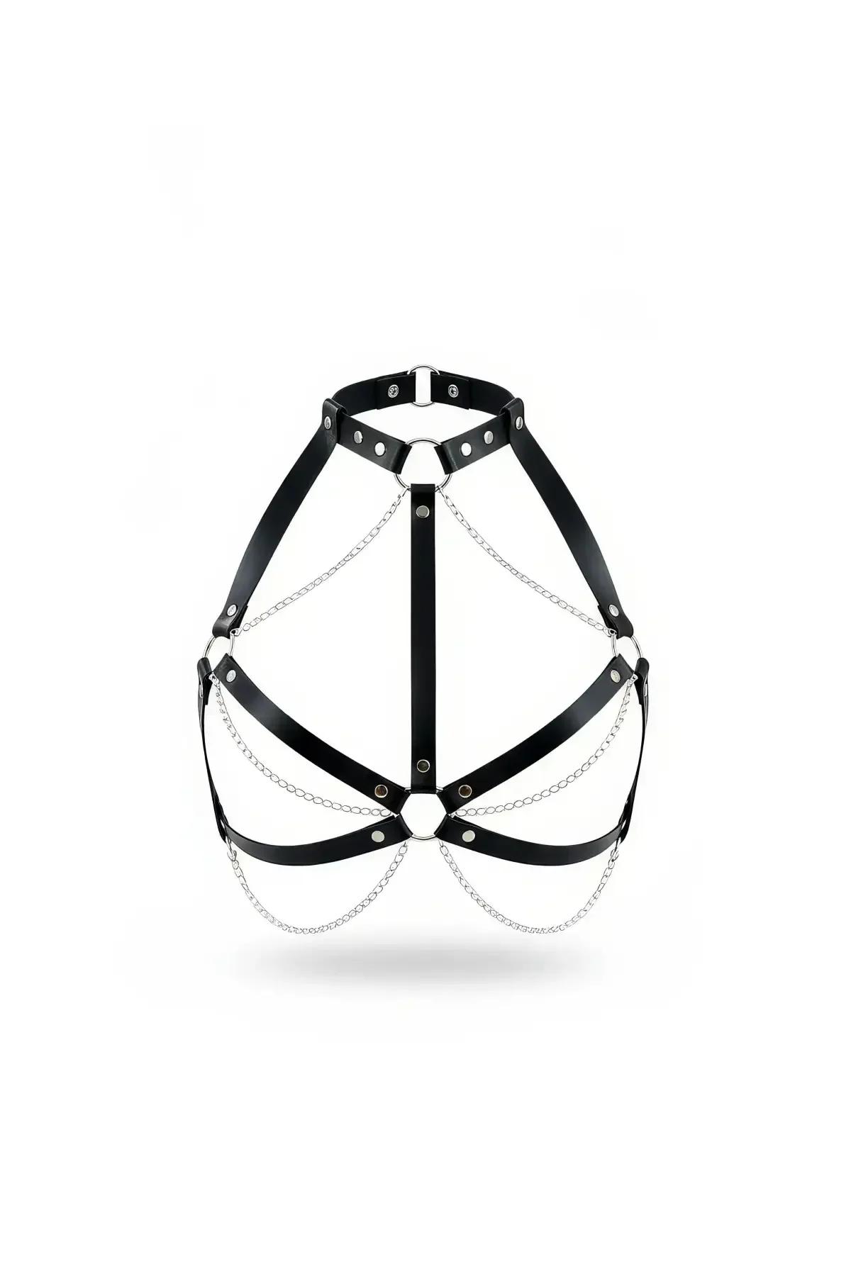 Black faux leather chest harness with triple silver O-rings and draped silver chain swags, front view on white background