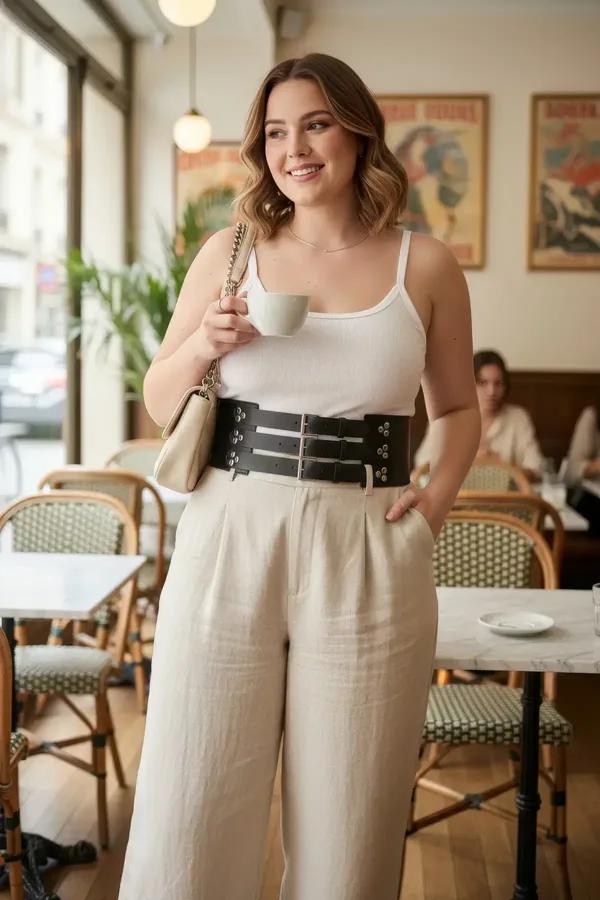 Black faux leather wide waist harness belt with three matte silver pin buckles worn over white tank top and linen trousers
