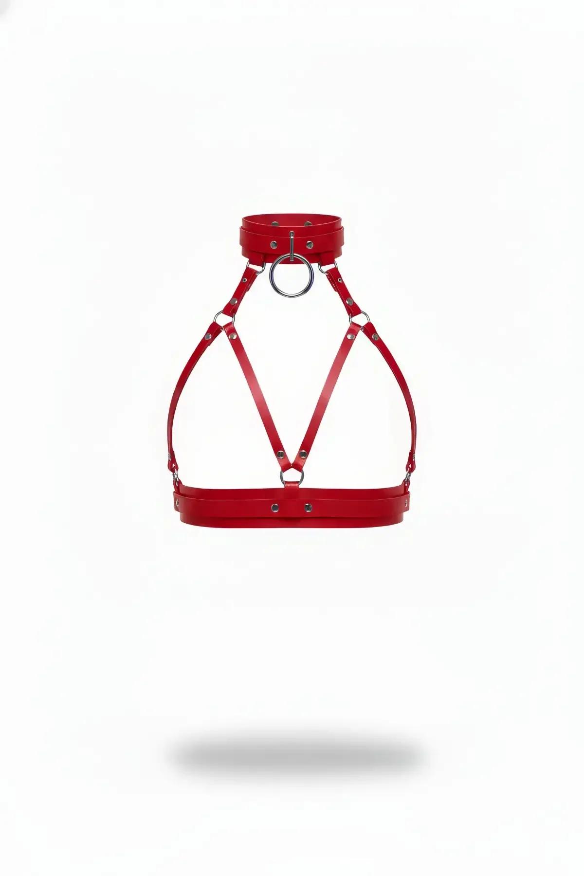 red faux leather chest harness with integrated choker collar and silver O-ring, triangular strap cage, underbust band