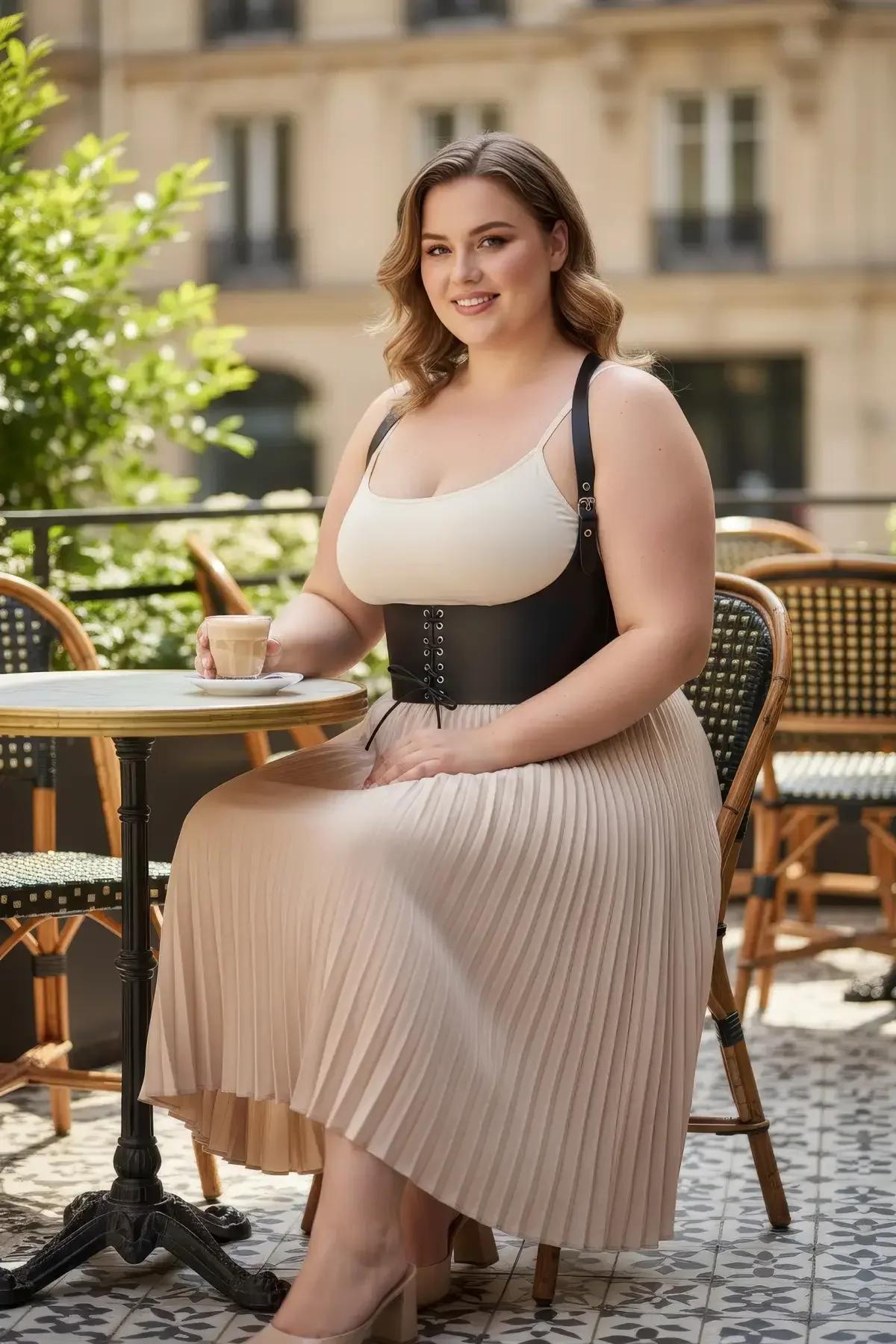 black faux leather lace-up underbust corset harness with wide shoulder straps worn over cream top