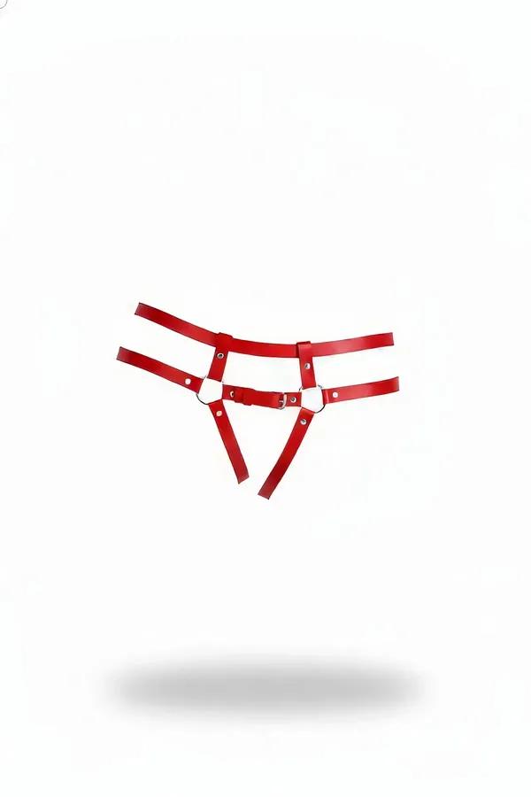 red faux leather garter belt thong with double waistband straps and central silver O-ring hardware front view