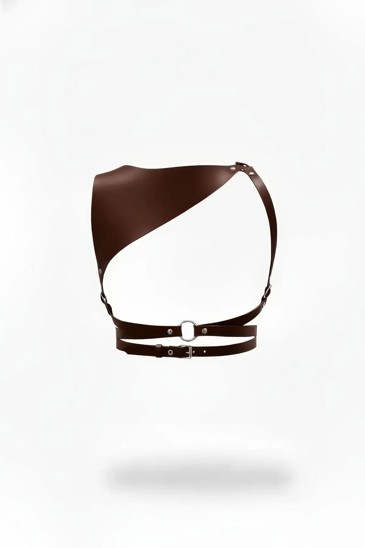 Brown faux leather one-shoulder body harness with asymmetric chest panel and silver O-ring waist strap