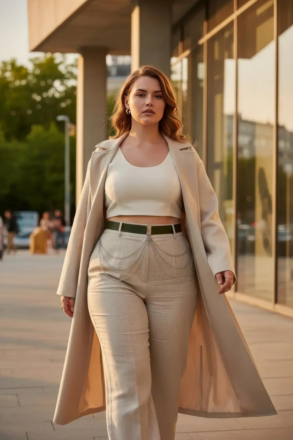 Olive green faux leather waist belt with three-tier cascading silver chain drape worn over cream high-waisted trousers