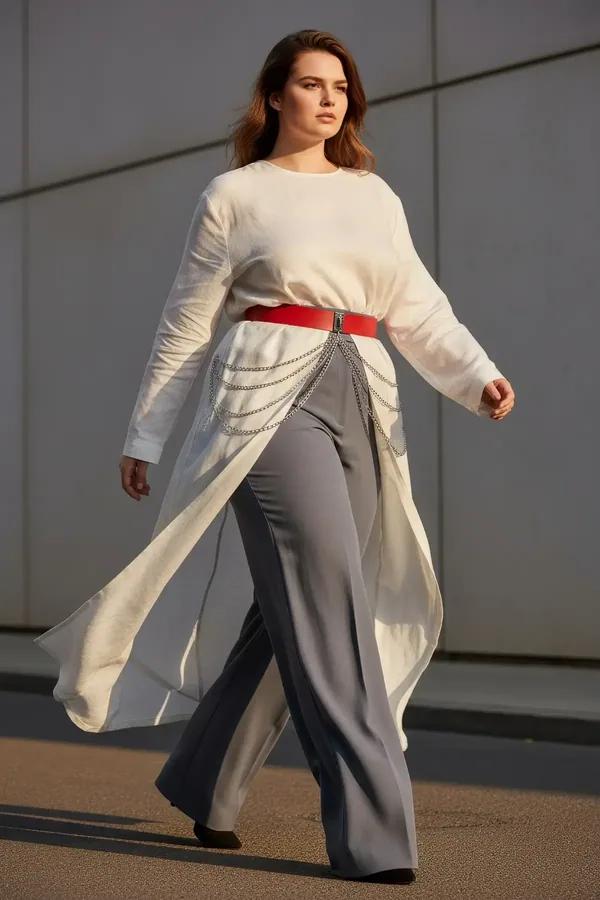 red faux leather wide waist belt with draped silver chains worn over white blouse and grey trousers