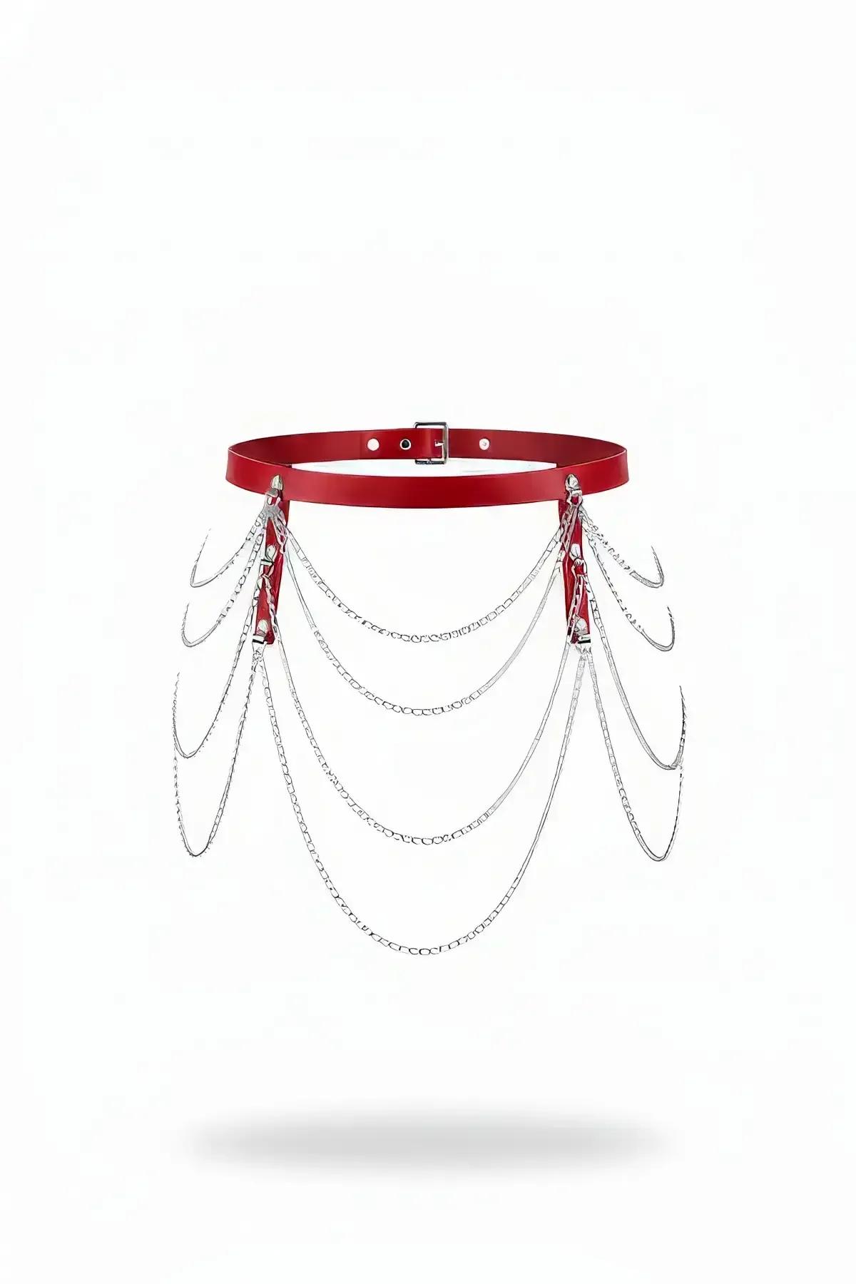 red faux leather waist belt with five layered silver curb chains draped from hip connectors on white background