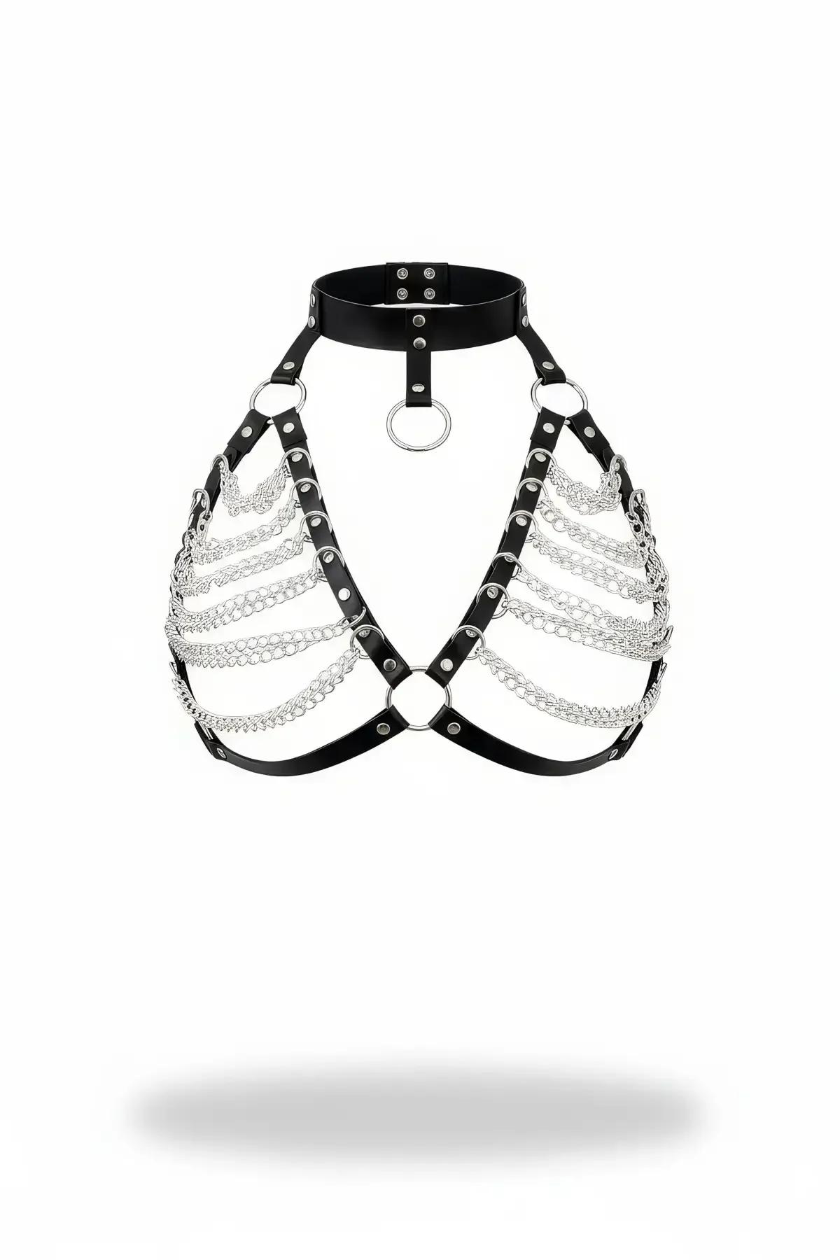black faux leather bra harness with layered silver chains choker collar and dual O-rings front view