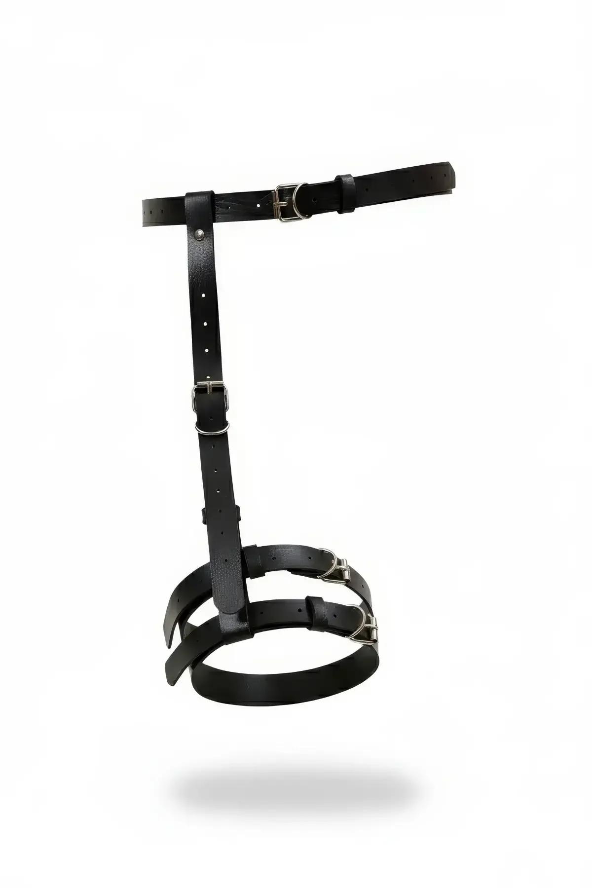 black faux leather single leg garter harness with silver buckles and O-rings, thigh strap adjustable