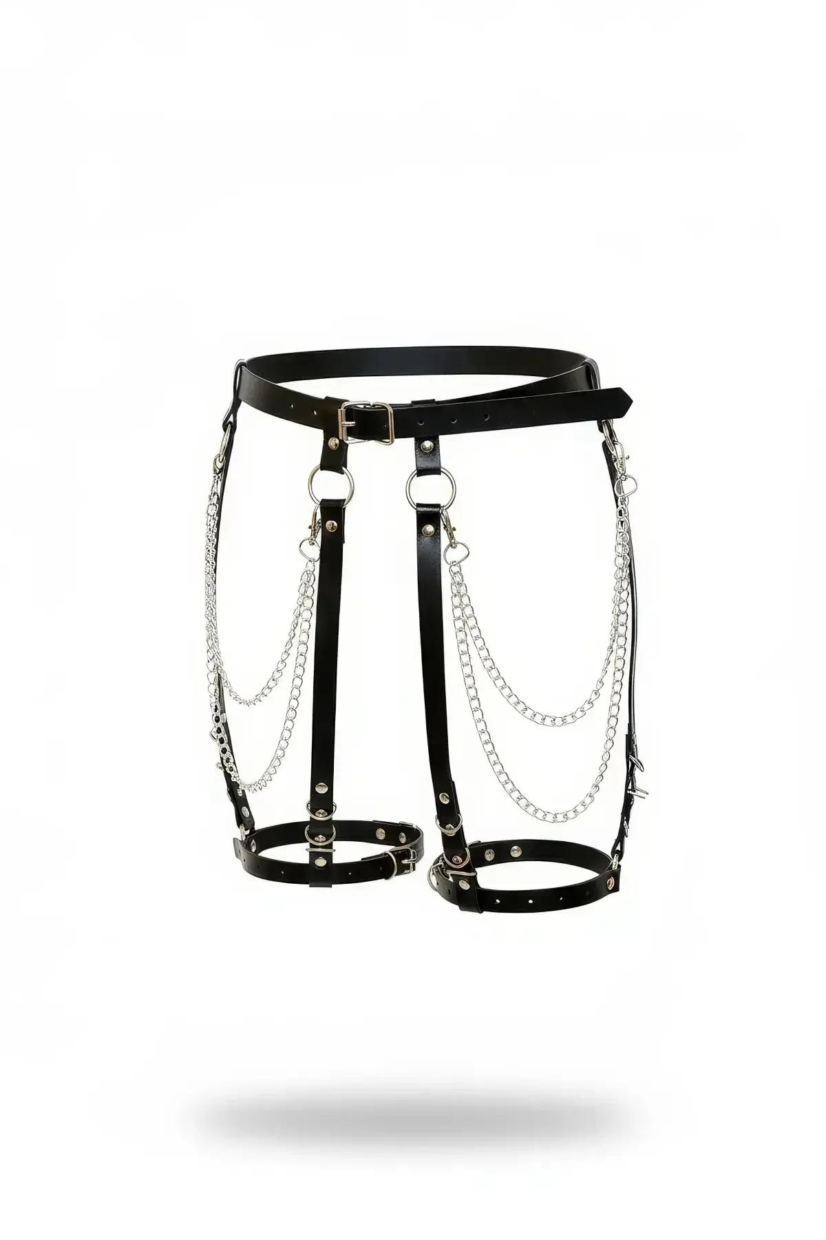 Black faux leather garter harness with silver O-rings and cascading chain drape on white background