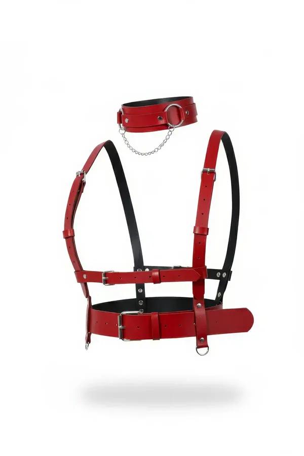 kırmızı vegan deri vücut harness boyunluk O-ring gümüş zincir ve tokalı bel kemeri seti