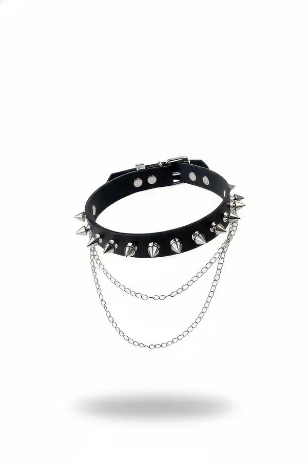 black faux leather spiked choker with double cascading silver chains and cone spikes, silver buckle closure