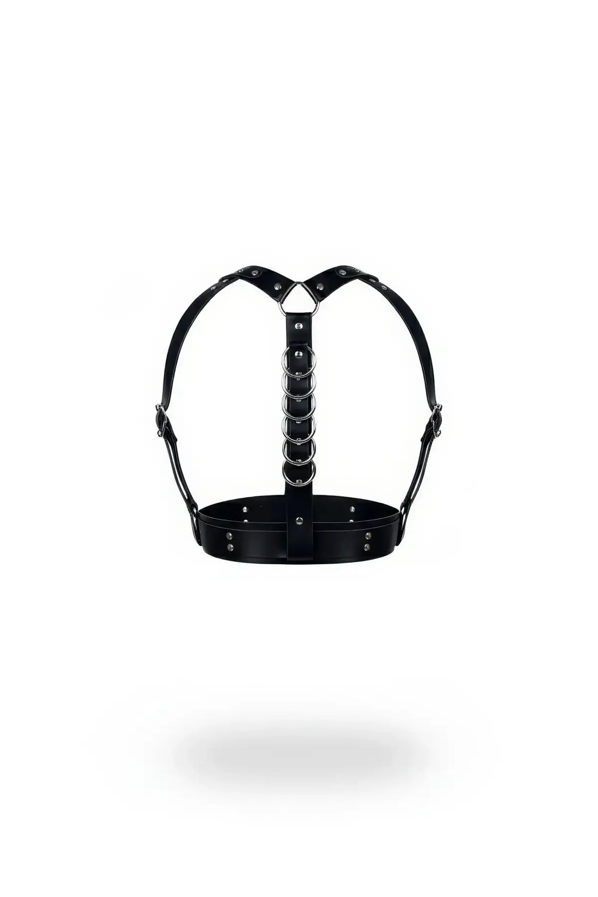 Black faux leather chest harness with 5 stacked silver O-rings vertical column and wide structured waistband