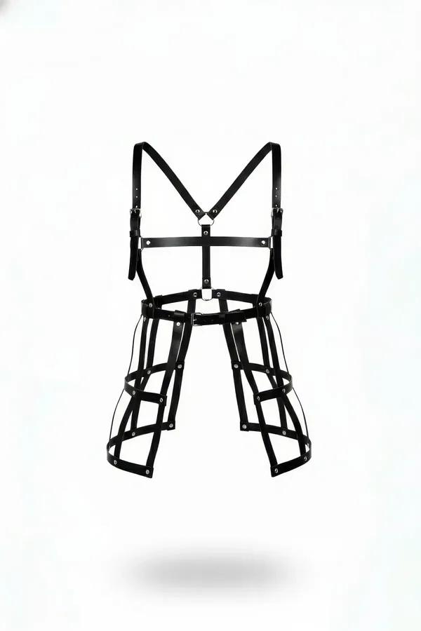 black faux leather full body cage harness with rectangular thigh cuffs and silver O-ring hardware on white background
