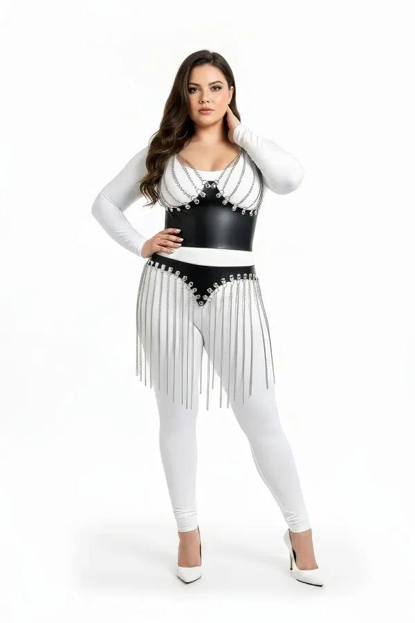 black faux leather bustier with silver chain fringe hip skirt set, chrome eyelet hardware detail, worn over white bodysuit