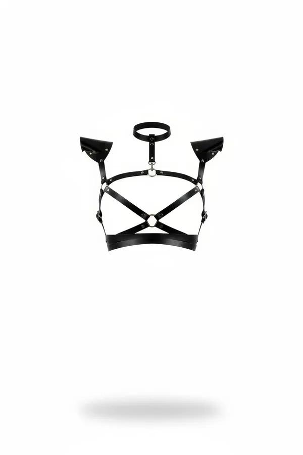 Black faux leather chest harness with linked choker, X-cross bust straps, hexagonal silver plate and angular shoulder caps