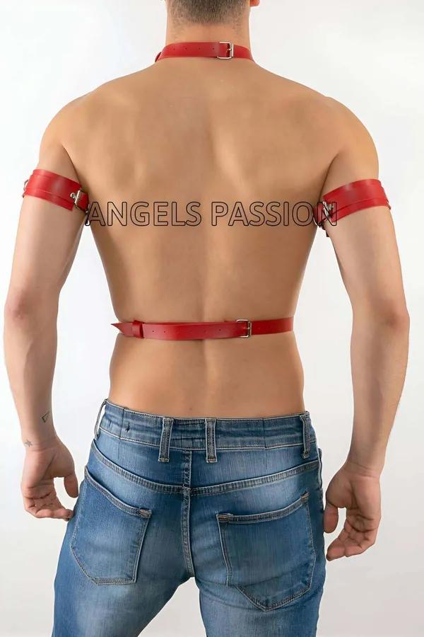 kırmızı suni deri erkek harness takımı gümüş O-ring ve pazu bantlı dört parçalı set