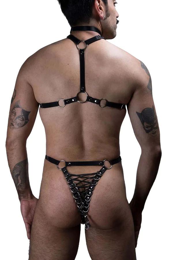 erkek siyah lastik body harness gümüş O-halkalı geometrik ağ tasarım boyun yakasından bele tek parça