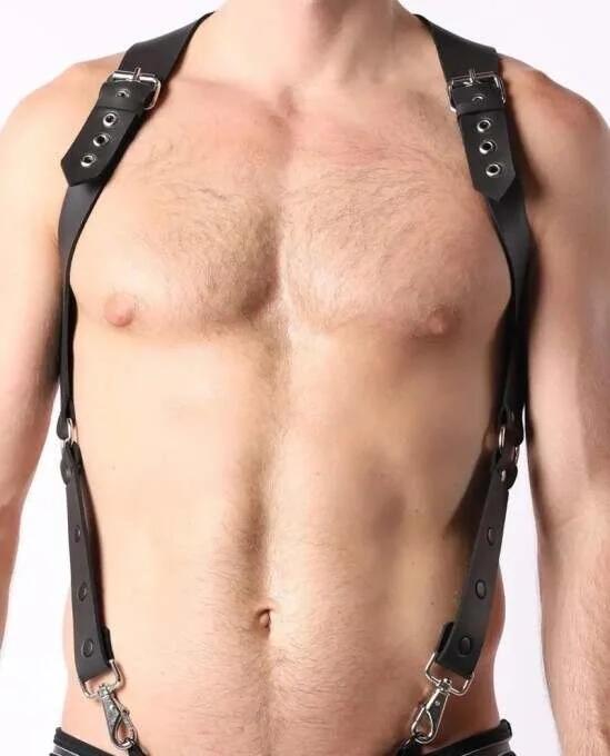 black faux leather suspender harness silver rectangular buckles and swivel snap hooks on male torso
