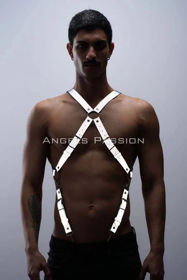 reflektörlü beyaz göğüs harness X-kesim pantolon askısı erkek clubwear metal tokalı