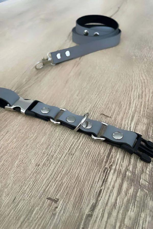 Gri vegan PU deri reflektörlü kedi harness ve gezdirme seti, gümüş snap toka detaylı segmentli panel