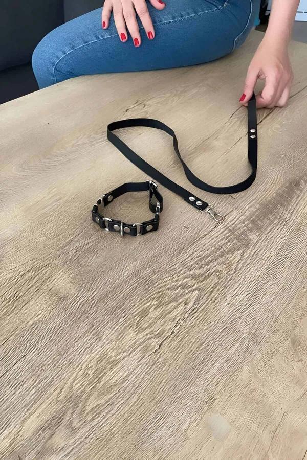 Siyah suni deri kedi boyun tasması ve gezdirme ipi seti, gümüş metal karabina ve D-halka detayı, ahşap yüzey üzerinde