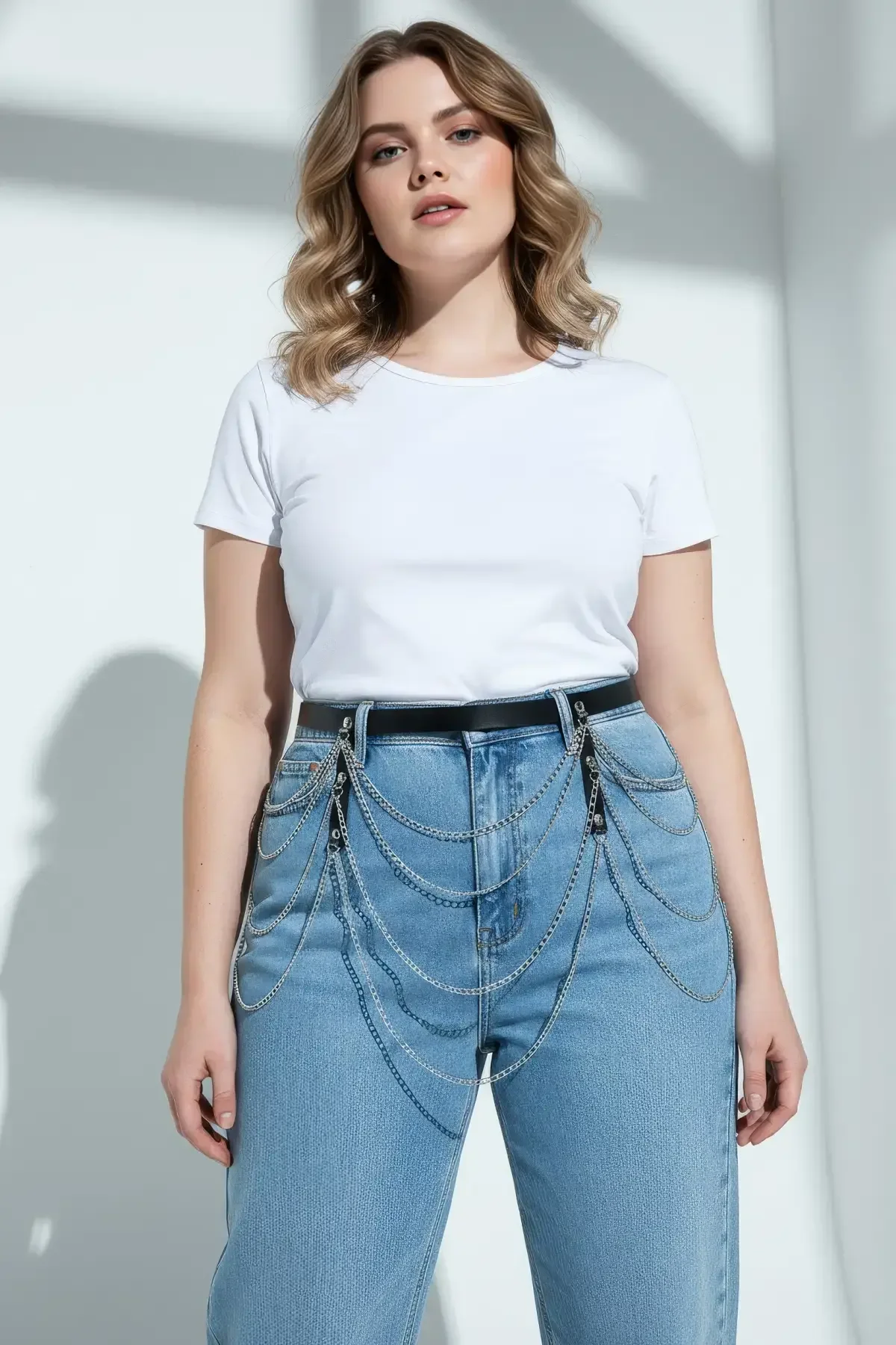 Multi-Chain Draped Waist Belt with Silver Hardware