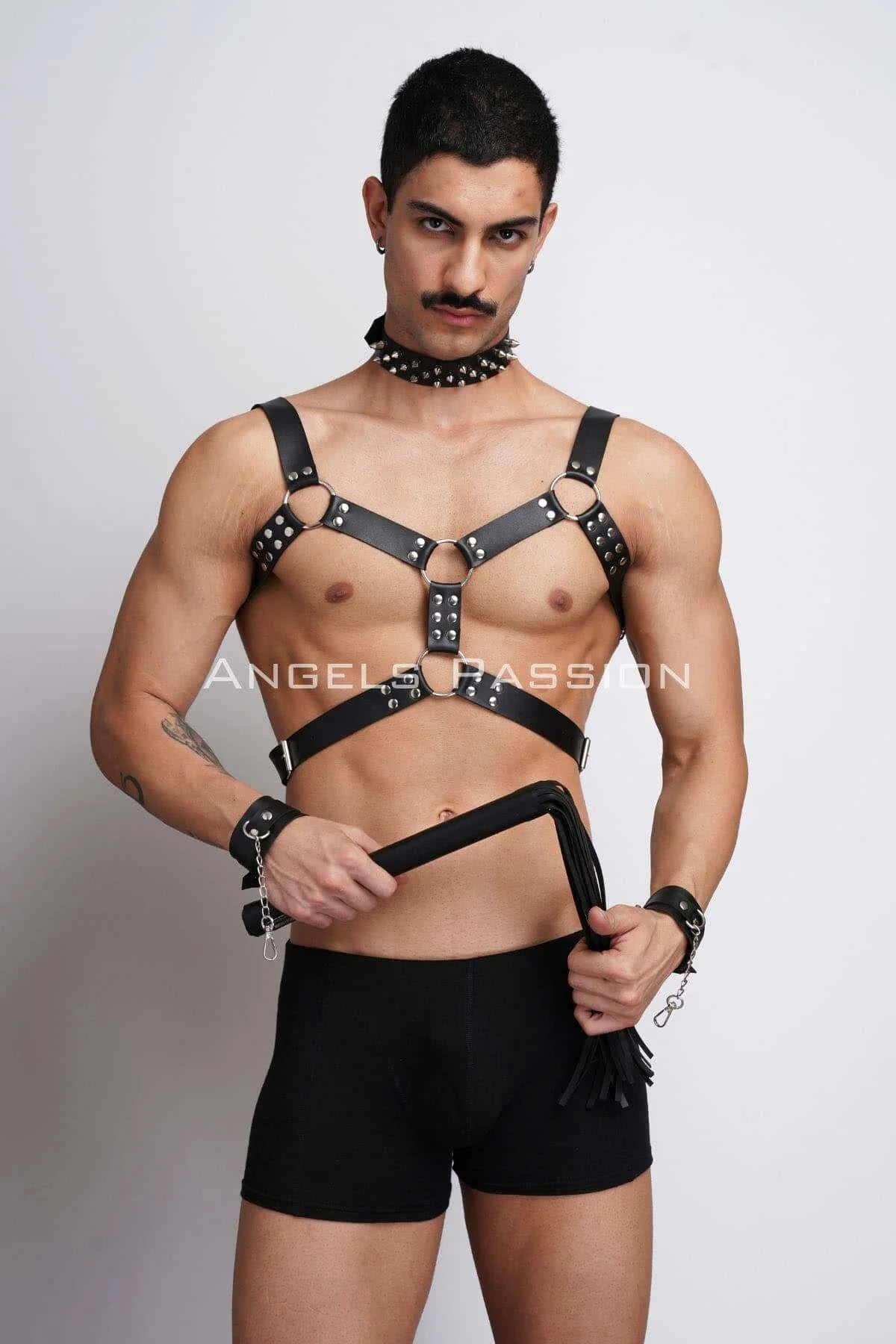 Men's Leather Chest Harness Set with Spiked Choker & Cuffs