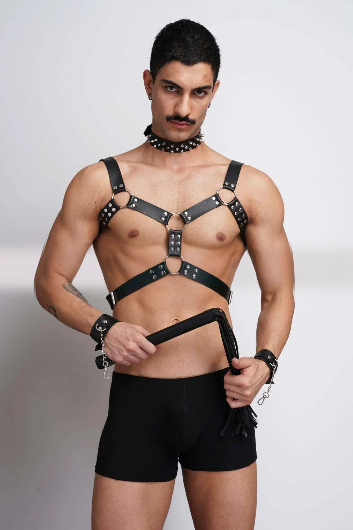 Men's Leather Chest Harness Set with Spiked Choker & Cuffs