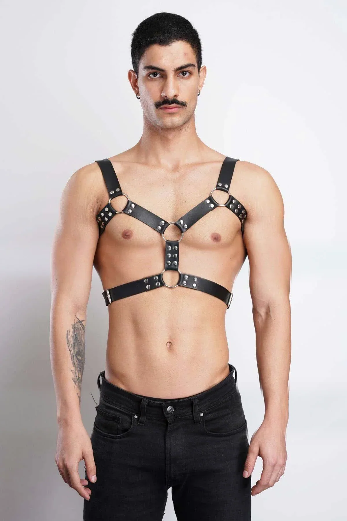Black Studded Faux Leather Chest Harness Triple O-Ring